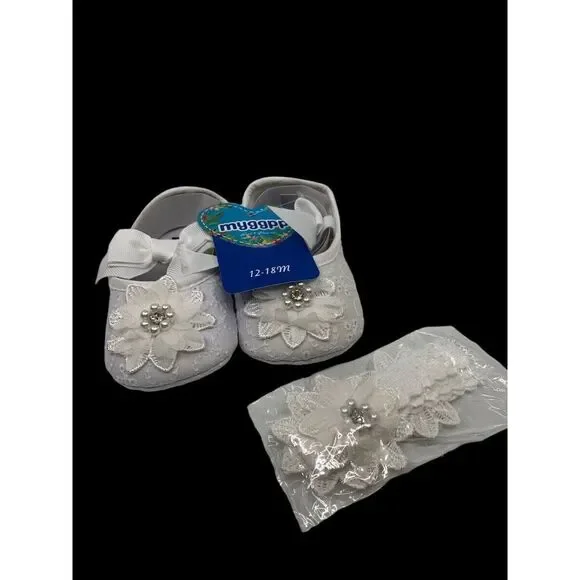 Myggpp Baby Girls Mary Jane Bowknot Eyelet Floral Princess Soft Shoes 12-18‎ Mth
