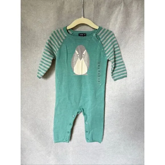 NWT Baby Gap Teal Knit Penguin Pajamas Coveralls Romper snap Closure size 3-6M