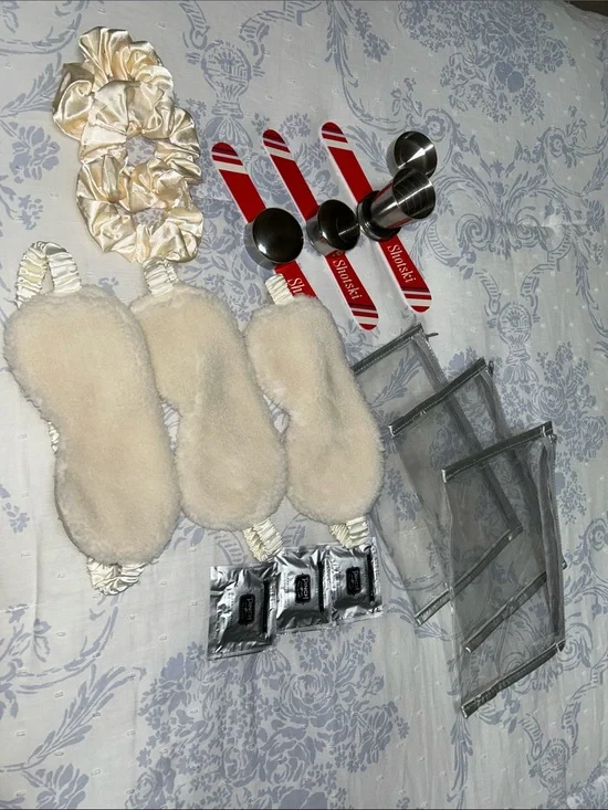 New Set of 3 Travel Kit- Cream Satin Scrunchies & Plush Eye Masks Set