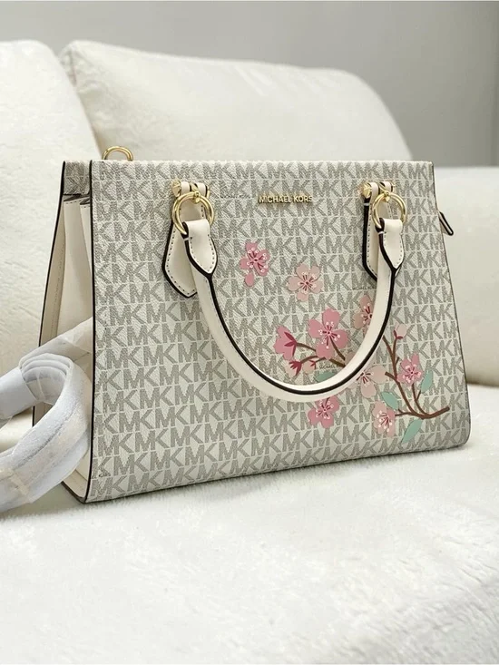 Michael Kors Marilyn medium LigCream Signature Satchel with Pink Floral Accents