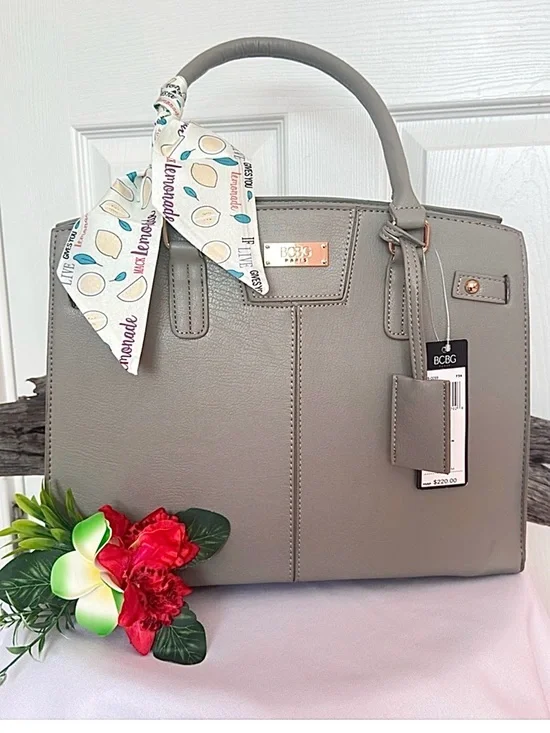 BCBG PARIS ~ Large Gray Satchel Hand Bag w/Beige Lining Gold Tone Hardware