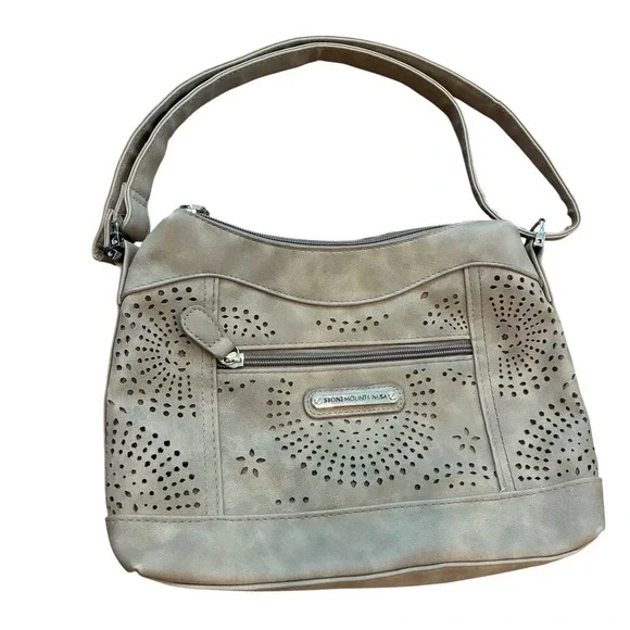 Stone Mountain Purse Hand‎ Bag Tooled Suede Taupe
