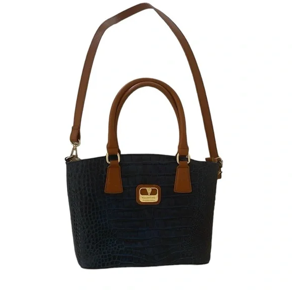 Valentina Navy and Cognac Croc Embossed Leather Satchel Bag