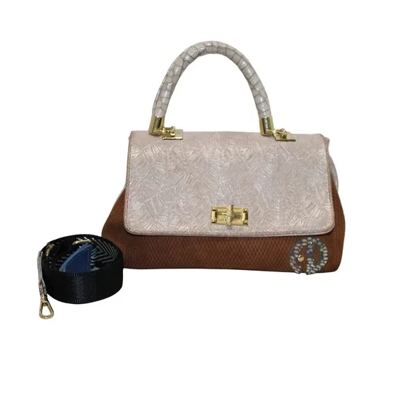 Dbarrito Leather Suede Satchel Bag Medium Tan Pink Mixed Texture Made in Italy