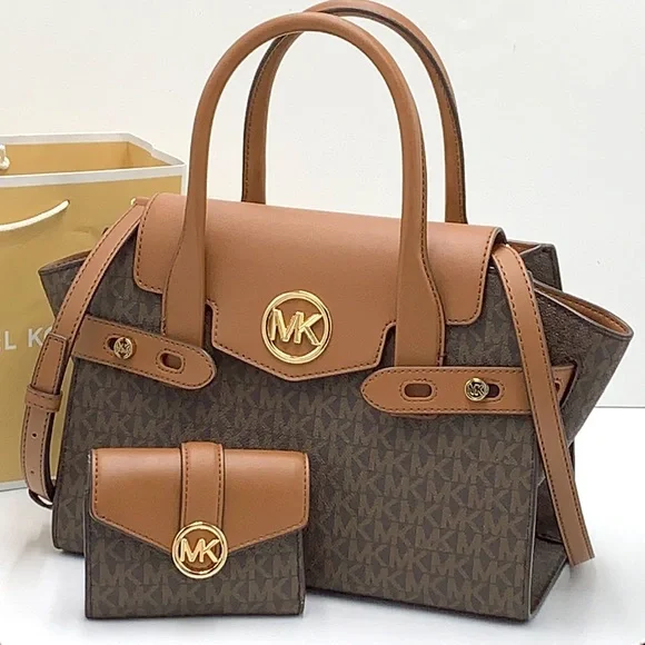 MICHAEL KORS Carmen Medium Faux Leather Belted Satchel & MD FLAP BIFOLD WALLET