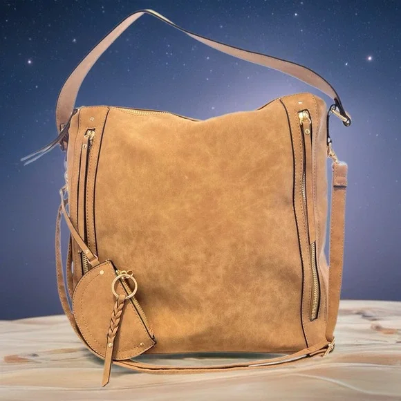 VR NYC Multi-Zip Trim Messenger Handbag Tote Purse Beige Faux Leather Urban Chic