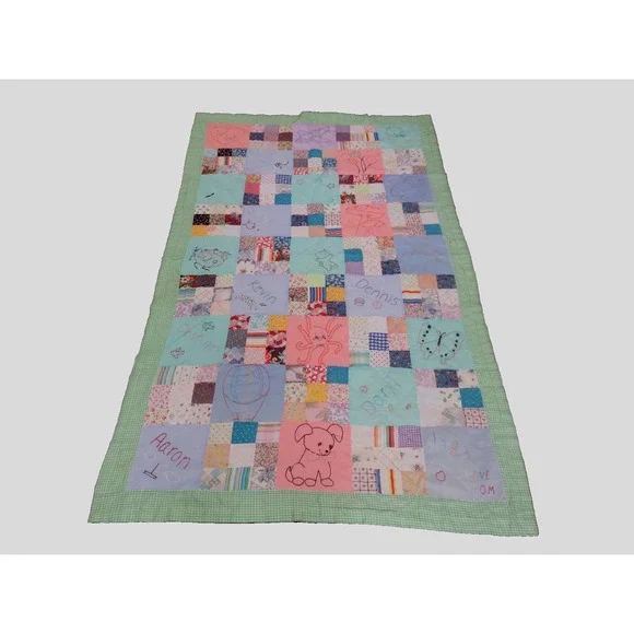 Vintage‎ Handmade Patchwork Embroidered Kids Quilt 1983 Cotton 46