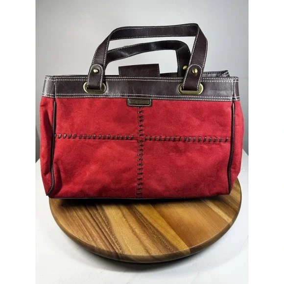 Tommy Hilfiger Medium Size Suede Red Handbag Purse w/‎ Espresso Leather Accent