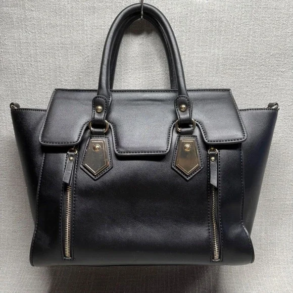 Black Faux Leather Satchel Handbag Large Tote Purse Gold Hardware Edgy Workwear