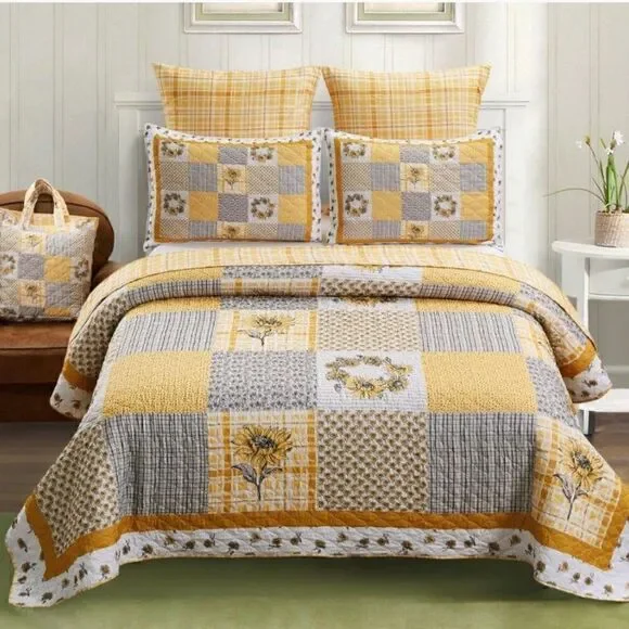 Farmhouse Sunflower Garden Patchwork Queen Printed Quilt Set