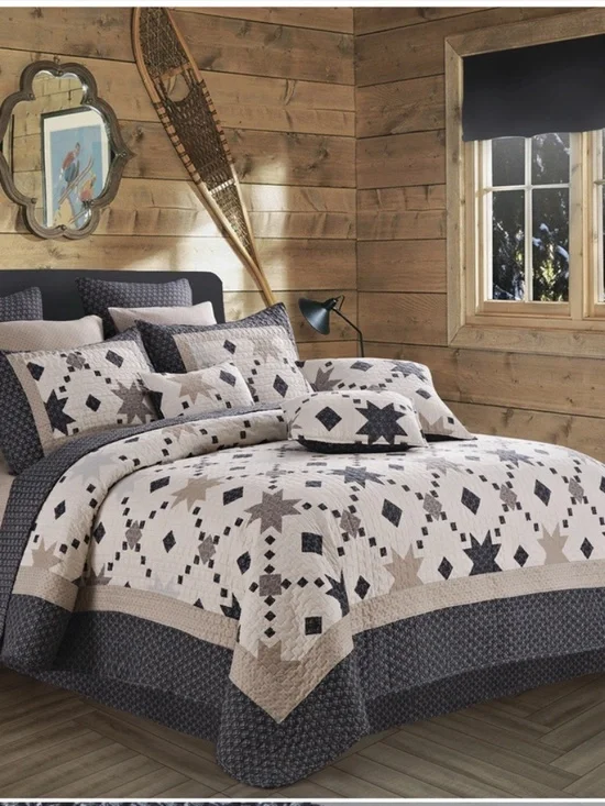 Primitive Star Printed Queen Quilted Bed Set Cottage Farmhouse Rustic Country