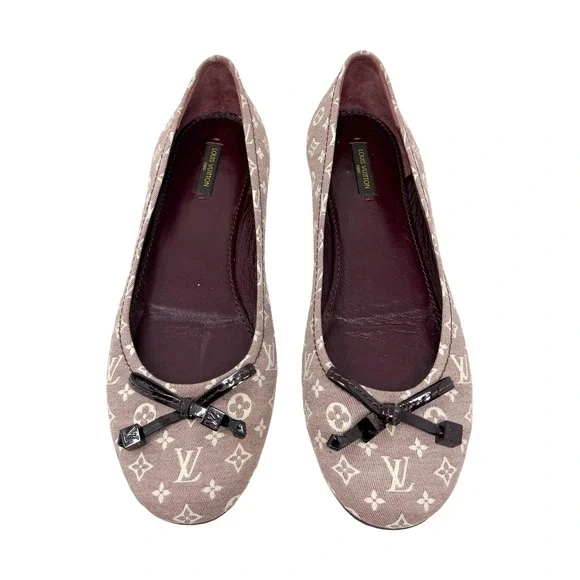 Louis Vuitton‎ Monogram Ballet Flats Patent Bow Taupe Canvas Size 39