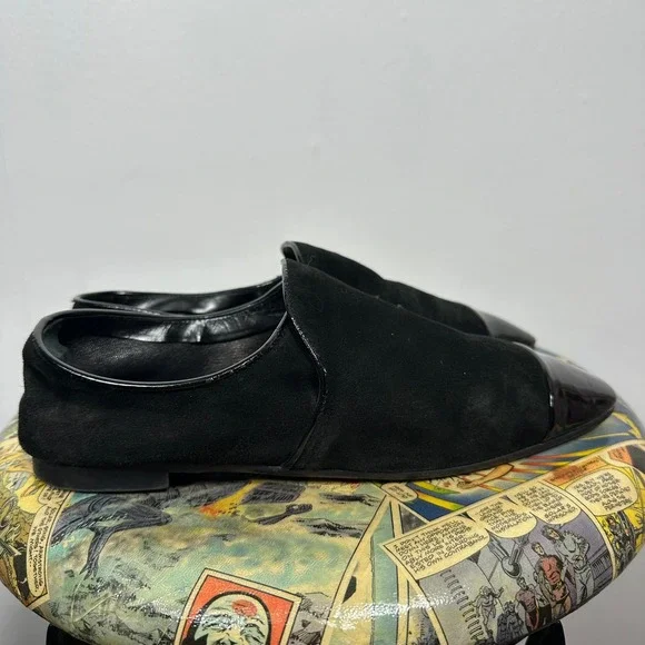 Aquatalia Loafers Womens 10.5 Black Suede Patent Cap Toe Flats Made in Italy