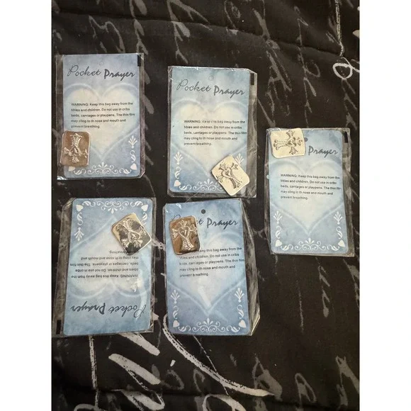 Lot of 5 Terrys Village Pocket Prayer Tokens Silver Tone Cross Heart Religious