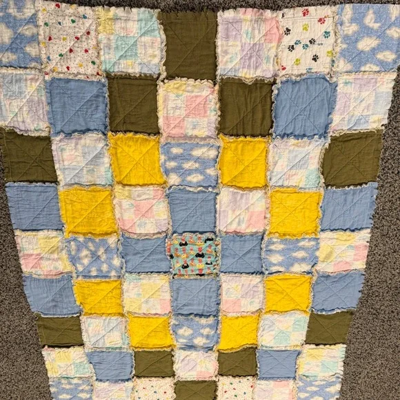 Handmade Patchwork Rag Quilt Blanket Nursery Toddler Blue Yellow Olive 53