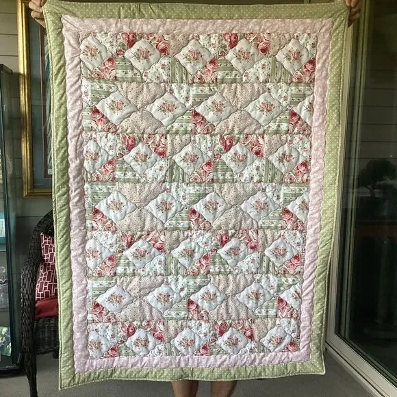 NWT Hand Crafted Floral Patchwork of Roses Quilt - Pink s and Greens