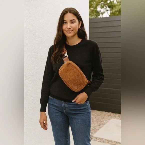 Steve Madden Teddy Sherpa Belt Bag Fanny Pack Brown SM Logo Adjustable Strap