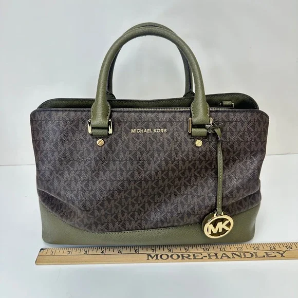 Michael Kors Signature Logo Satchel Brown Olive Green Two Tone Handbag Gold HW