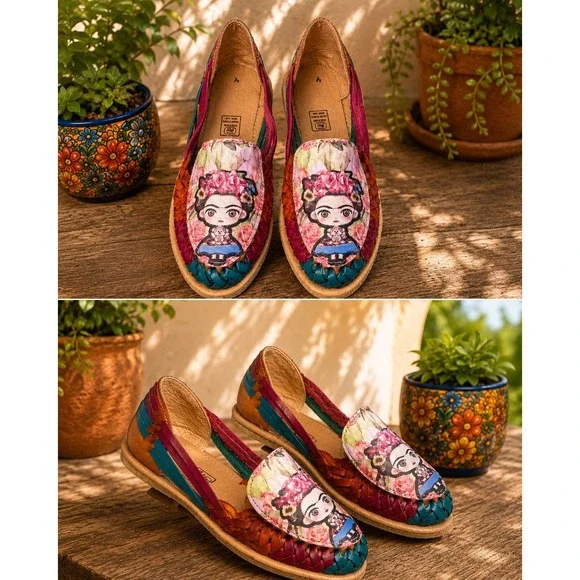 Frida Kahlo Artisan Huarache Flats Colorful Boho Leather Slip Ons Size 6.5