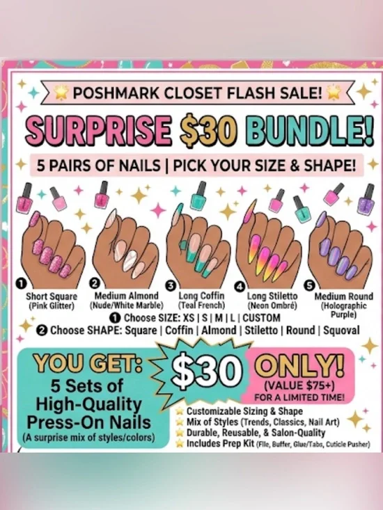 Surprise $30 Bundle - Assorted Press-On Nails (Pink, Teal, Purple)