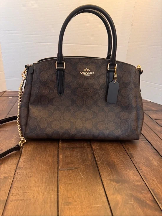 Coach Brown Signature Leather Gold Chain Purse Shoulder Bag F29683 Medium