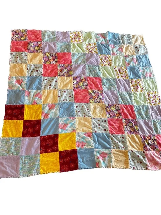 Handmade Charlotte’s Web Inspired Rag Quilt Throw 59x63 Pastel - Stain