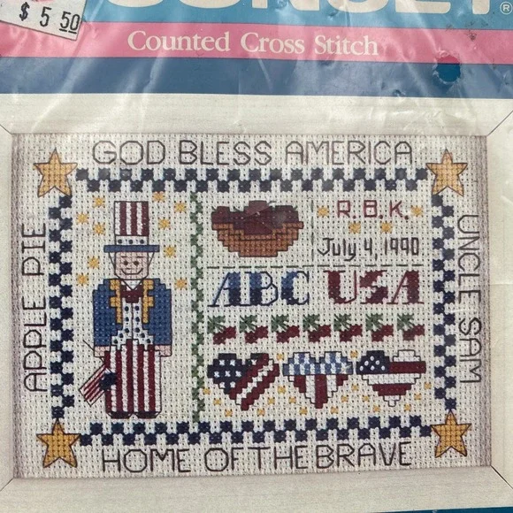 VTG 1989‎ SEALED Sunset Cross Stitch Uncle Sam Sampler 7x5