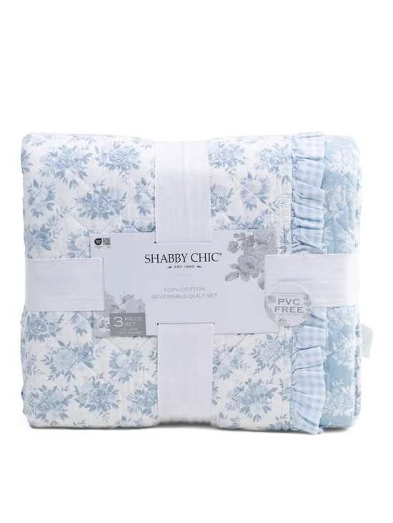 Shabby Chic Light Blue Floral Reversible Quilt Set