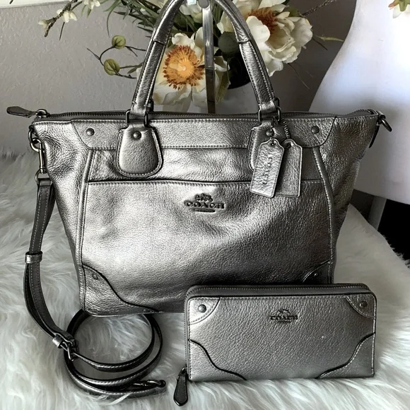 RARE Coach Mickie Silver Metallic Satchel and Rare Matching Wallet
