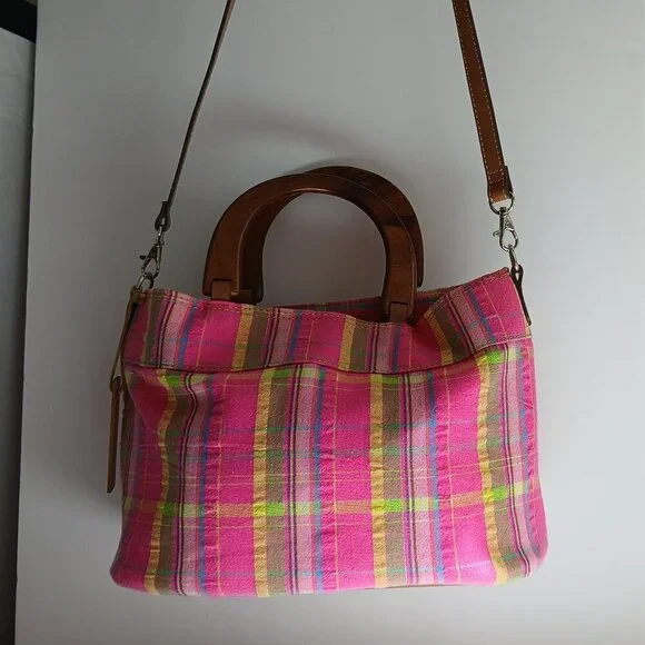 Seersucker & Hemp Plaids & Stripes Wood Satchel Handle & Removable Strap NWOT