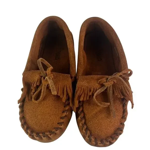 MINNETONKA Moccasin Casual Shoes Youth Kids US 2 Brown Suede Slip On Fringe 2402