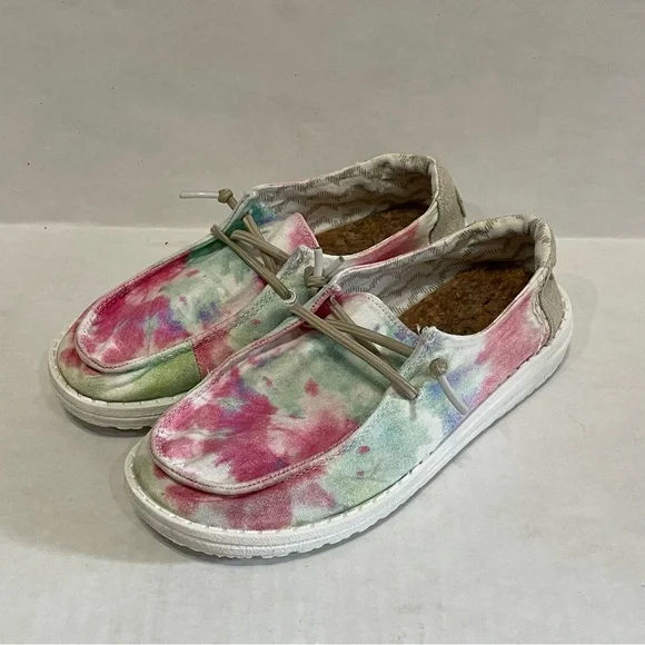 Hey Dude Wendy Youth Boho Mandala Tie Dye Shoes Pink Blue Girls Sz 2 (L 3)