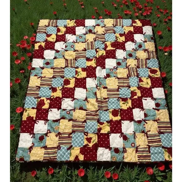 Handmade Patchwork‎ Quilt-Red blue white yellow Rose floral Lap Quilt 50