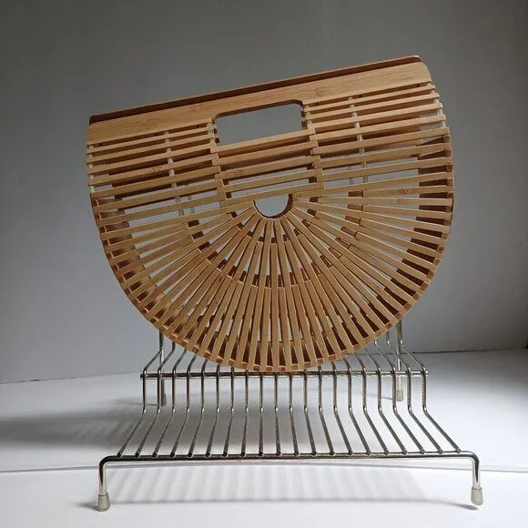 Woven Rattan Tan Bamboo Semi Circle Arc Satchel Bag