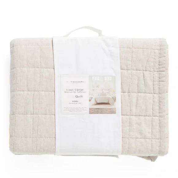 🎉LAST PIECE 🎉TAHARI HOME Linen Blend Box‎ Stitch Quilt With Mitered Boarder