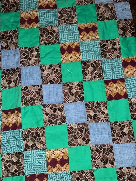 Turquoise Patchwork Quilted Bedspread with Multicolor Blocks