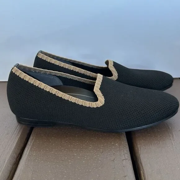 Vionic Willa Knit Slip On Shoes Womens Sz 6.5 Black Loafer Flats Beige Comfort