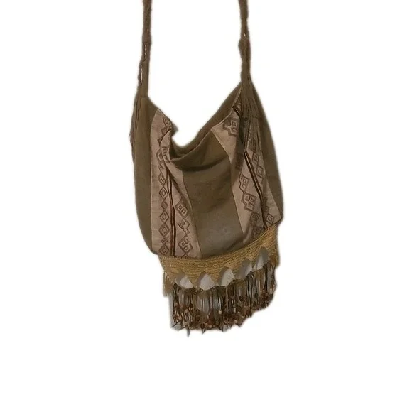 Vintage Free People Oversized Light My‎ Fire Fringe/Beaded Suede Boho Bag**ink**
