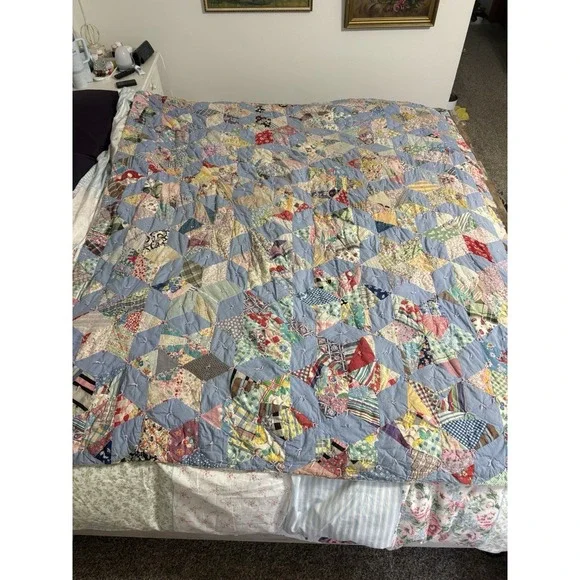 Vintage Antique Feed Sack Quilt Star 86 X 64, Hand Sewn Colorful Scraps