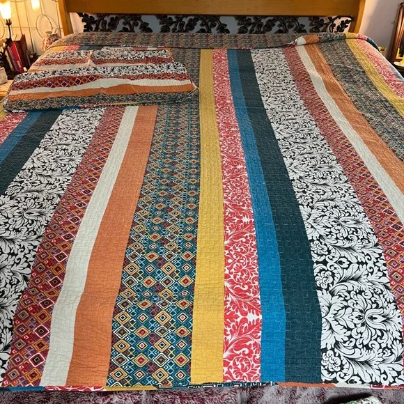Lush Decor King Quilt Set Bohemian Stripe Reversible 3pc‎ 100 % Cotton Bedding