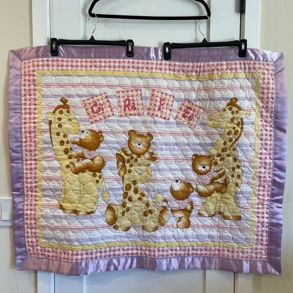 Baby Blanket Quilt Yellow Purple‎ Pink Giraffe Bear Satin VTG Cottage Farm Boho