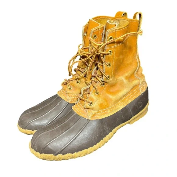 LL Bean Duck Boots Womens 11 Tan Brown‎ Leather Rubber 8 Inch Hunting Rain Shoes