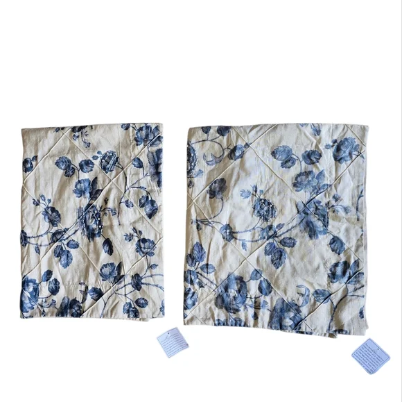Floral‎ Blue and Cream Pillow Shams Silk Blend Embellished Set Of Two NWOT