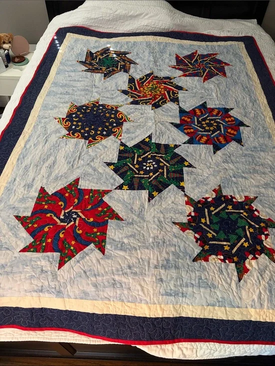 Handmade Starburst Christmas Patchwork Quilt - Blue with Multicolor Stars