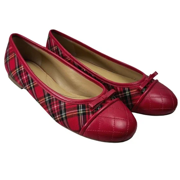 Talbots Ballet Flats Women 8.5M Red Plaid Tartan Quilted Preppy Shoes Academia