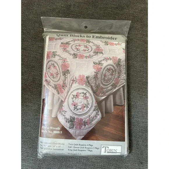Tobin Quilt Stamped Linen Blocks Flowers Embroider Craft Kit Needlecrafts T28800