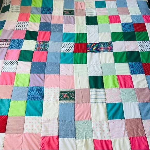 65”x92” Vintage 70’s Patchwork Crazy Squares Cotton Quilt.