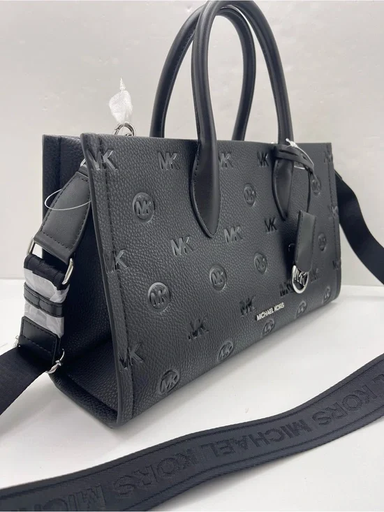 MICHAEL KORS Mirella Md Logo Debossed Satchel Shoulder Tote Crossbody Black NWT