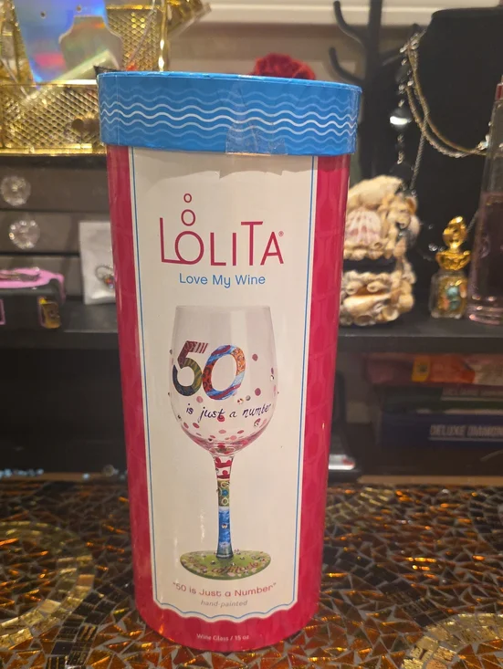 LOLITA Pink and Blue '50 Is Just a Number' Hand-Painted Wine Glass