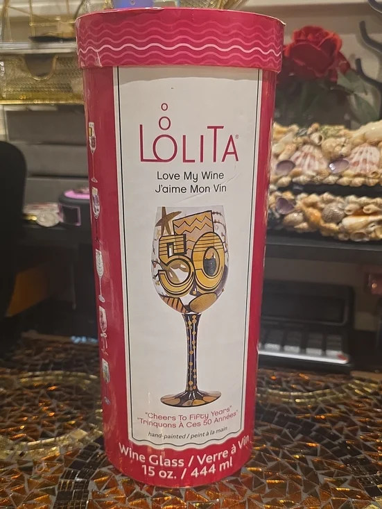 Lolita Pink and Gold 'Love My Wine' 50th Anniversary Decorative Wine Glass